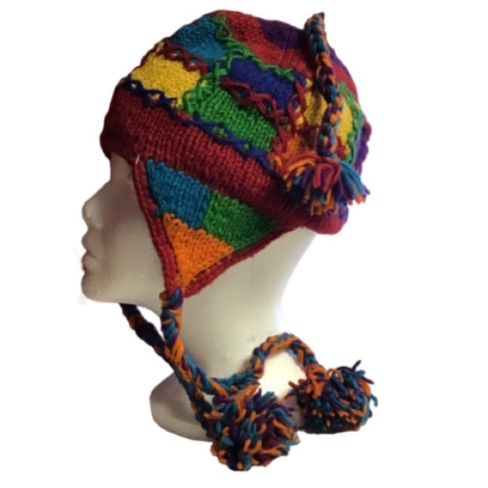 Boho hippie chic bright patchwork ear flap hat